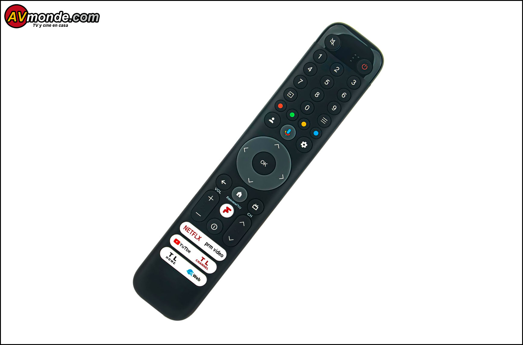 El control remoto ha sido diseñado pensando en la comodidad, con botones adicionales para streaming que facilitan el acceso rápido a tus plataformas de entretenimiento favoritas.