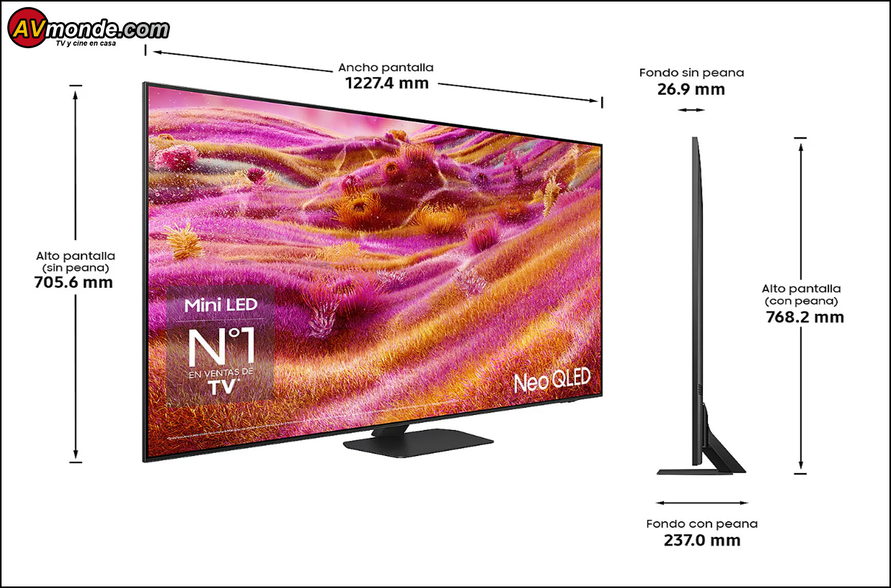 Las dimensiones del Samsung GQ55QN90F de 55 pulgadas
